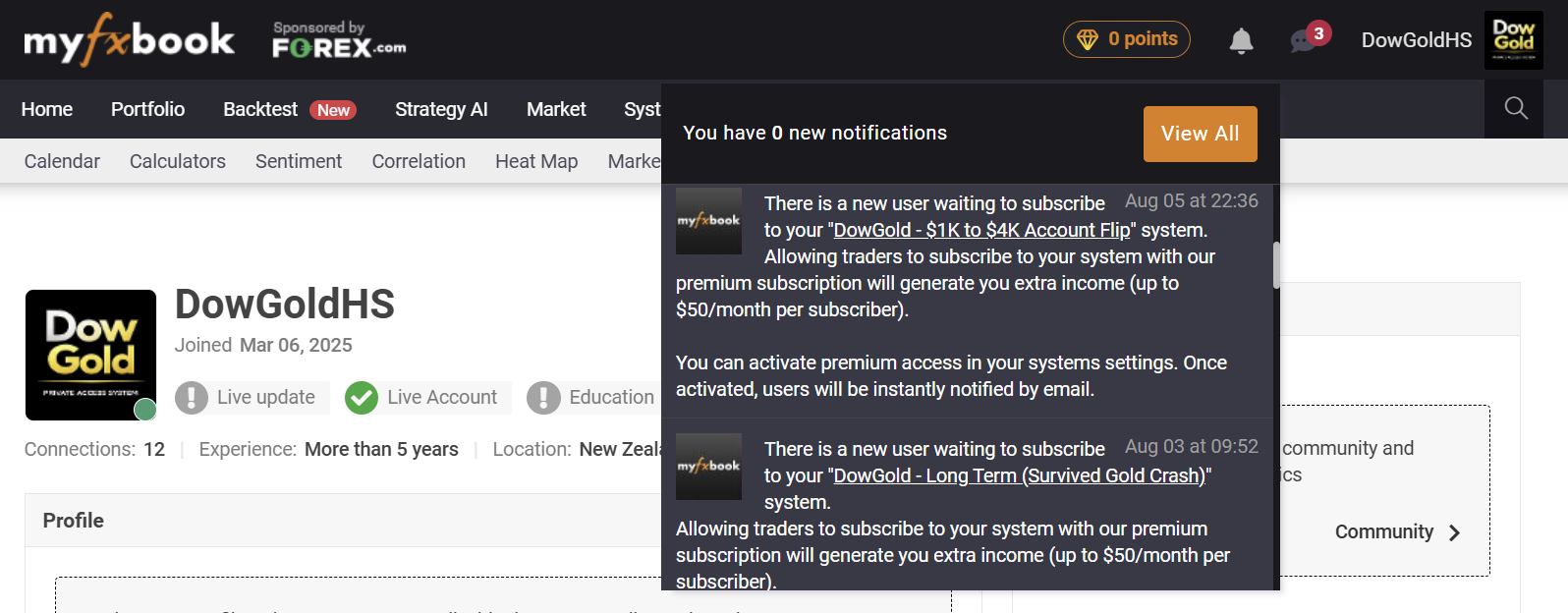 DowGoldHS MyFXBook profile with two dated requests from users waiting to subscribe to DowGold systems