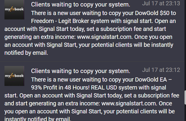 Two dated MyFXBook notices showing users waiting to copy DowGold systems