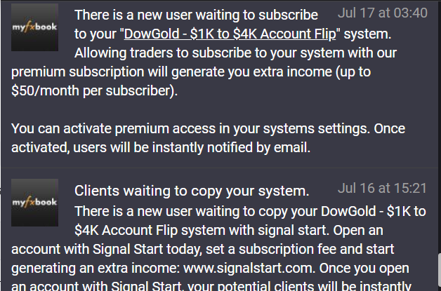 Dated MyFXBook notices showing requests to subscribe to and copy DowGold systems