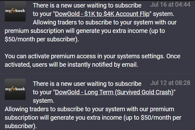 Two dated MyFXBook notices showing users waiting to subscribe to DowGold systems