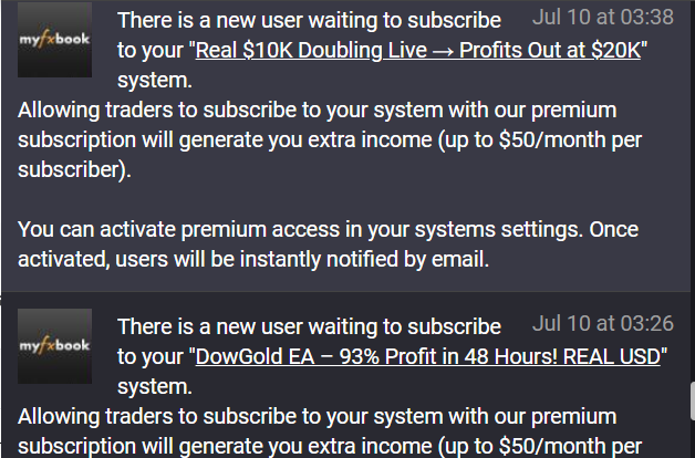 Dated MyFXBook notices showing requests to subscribe to two verified DowGold accounts