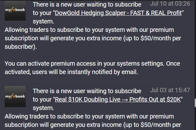 Dated MyFXBook notices showing requests to subscribe to DowGold systems