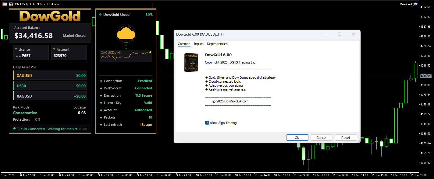DowGold running live on MetaTrader 5 with Balanced Mode active